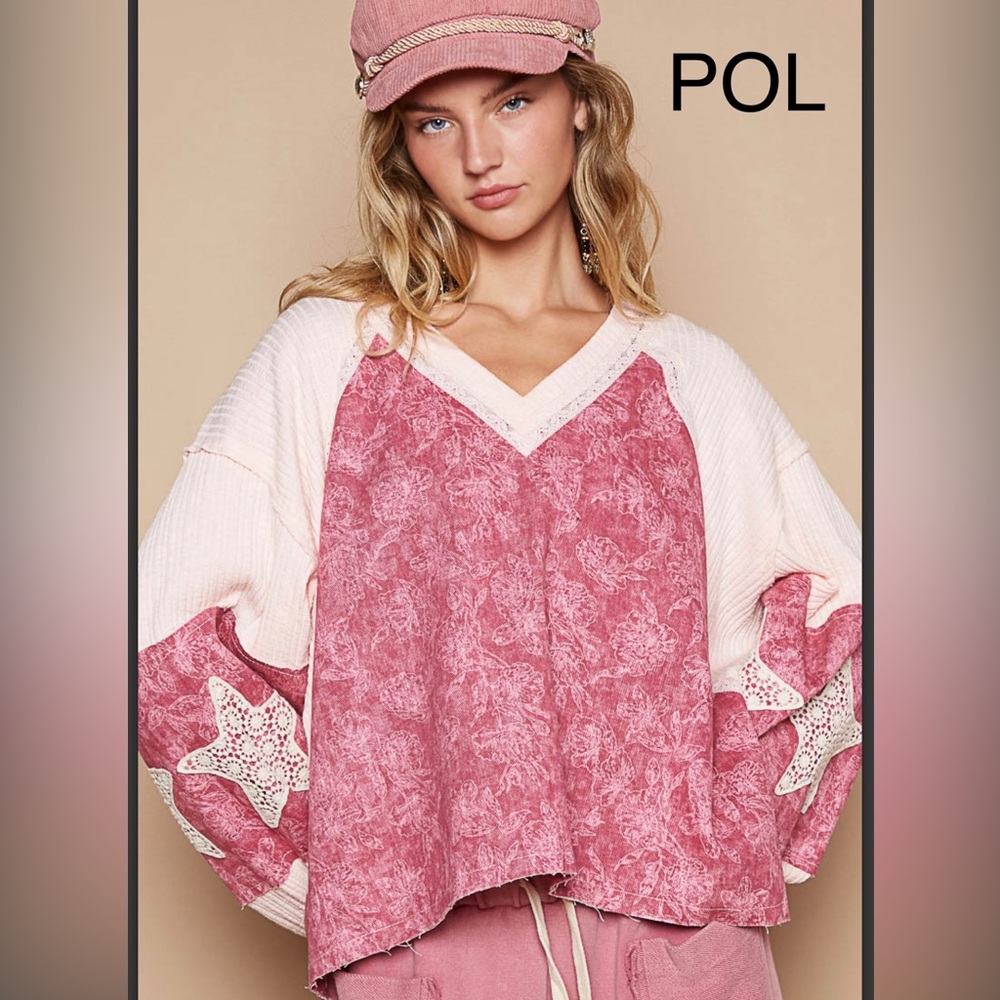 BP30💕NEW! POL playful pink+cream v-neck w/star details perfect 4 office2 out!💕 - Picture 6 of 7